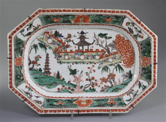 A pair of Chinese export famille verte canted rectangular meat dishes, Kangxi period, 36cm long